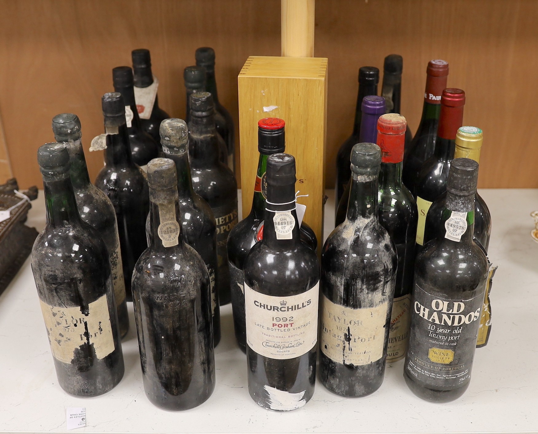 Six various bottles of wine including Croz Hermitage, Saint Julien, Chateau Beychevelle etc. and 16 bottles of port, mostly Taylor’s, varying vintages.